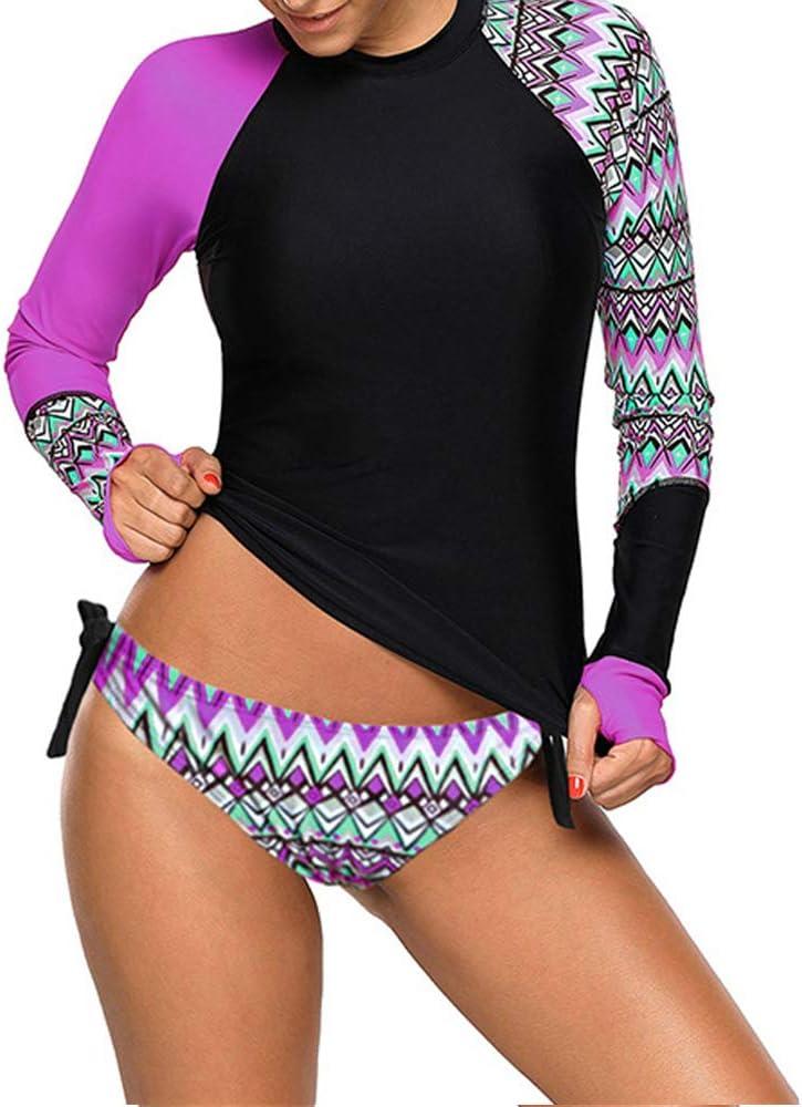 Womens Long Sleeve Rash Vest Swim Shirts, 2 Piece Sports Surf Swimsuit Slim Fit Printed Tankini Swimwear Rash Guard Tops