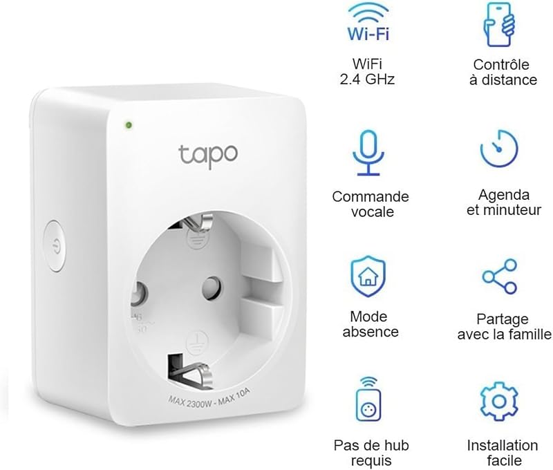 Prise Connectée WiFi, Prise Intelligente compatible avec Alexa et Google Home, 10A Type F, Contrôler le radiateur, la cafetière, la lampe à distance, aucun hub requis, Tapo P100(1-pack)
