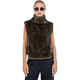 Lomehue Women Brown Faux Fur Vest Turtleneck Fleece Vest Tie Side Fur Tops Winter Warm Outwear Trendy Fashion Y2K Jackets