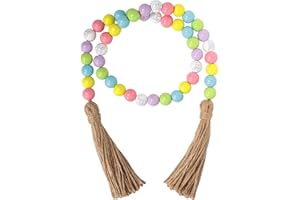 SFONI Easter Wood Bead Garland, Spring Beads Garland Decorations with Jute Rope Plaid Tassel, Farmhouse Rustic Garland for Tiered Tray Decor Easter Party Holiday Wall Hanging Basket Rabbit Bead Décor, 33"