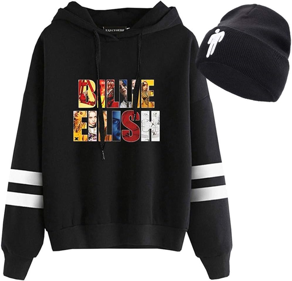CREPUSCOLO Unisex Billie Eilish Hoodie with Beanie Knit Hat 2 Piece Set Stretchy Cap Long Sleeve Sweatshirt