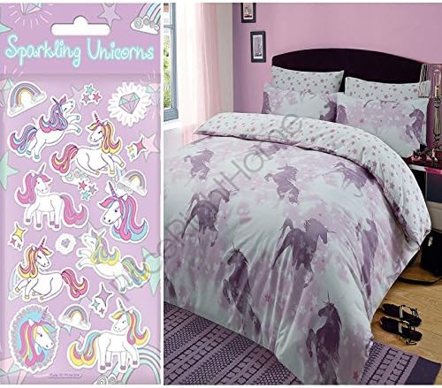 Dreamscene Unicorn Dreams 2 Piece UK Double /US Full Sheet Set, 1 x Double Sided Sheet and 2 x Pillowcases + FREE Unicorn Sparkle Small Foil Stickers