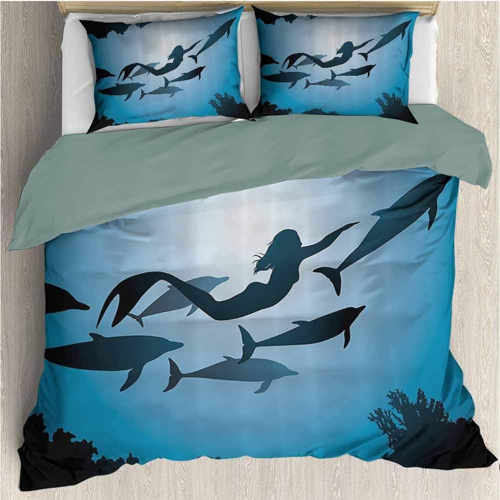 Waynekeysl Underwater Microfiber Duvet Set, The Mermaid and Dolphins Underwater View Travel Diving Fin Sea Life, Decorative 3 Piece Bedding Set with 2 Pillow Shams, Full Size, Blue Black Petrol Blue