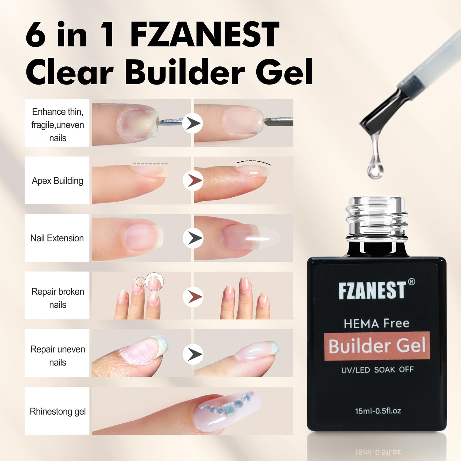 FZANEST Hema-free Builder Gel For Nails 15ML*2pcs, Low Heat Builder Gel Nail Kit, Hard Gel for Nail Apex and Extension Strengthener Building Nail Gel Brush in a Bottle(BIAB) - Image 3