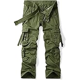 OCHENTA Men's Cotton Casual Baggy Cargo Work Travel Pants with Multi Pockets Relaxed Loose Fit (No Belt)