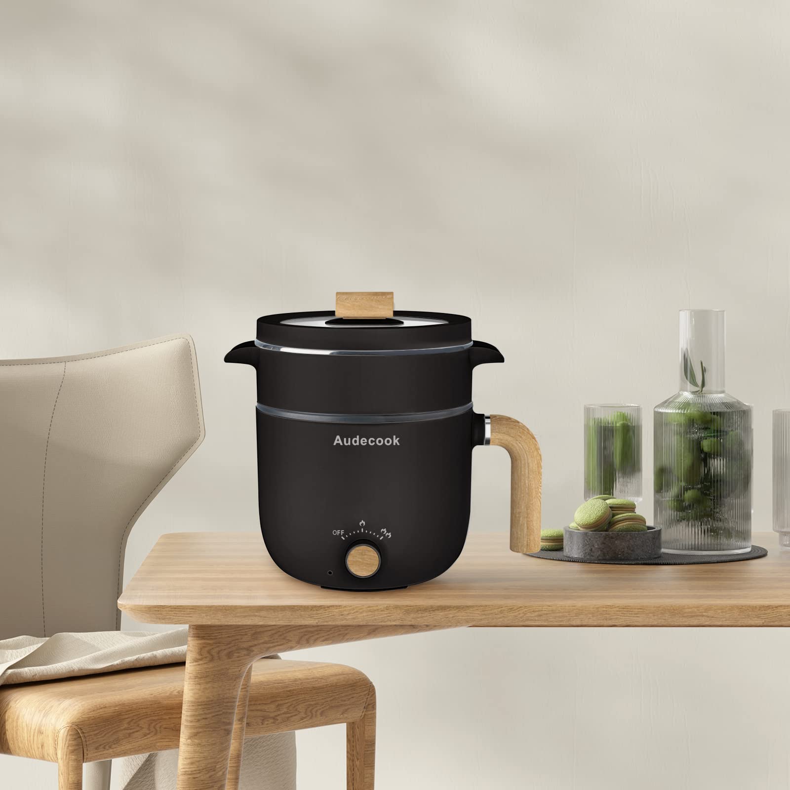 Hot Pot Electric with Steamer, 1.5L Portable Non-Stick Multicooker, Travel Electric Skillet with Dual Power Control for Pasta/Soup/Steak/Egg/Oatmeal (Black)