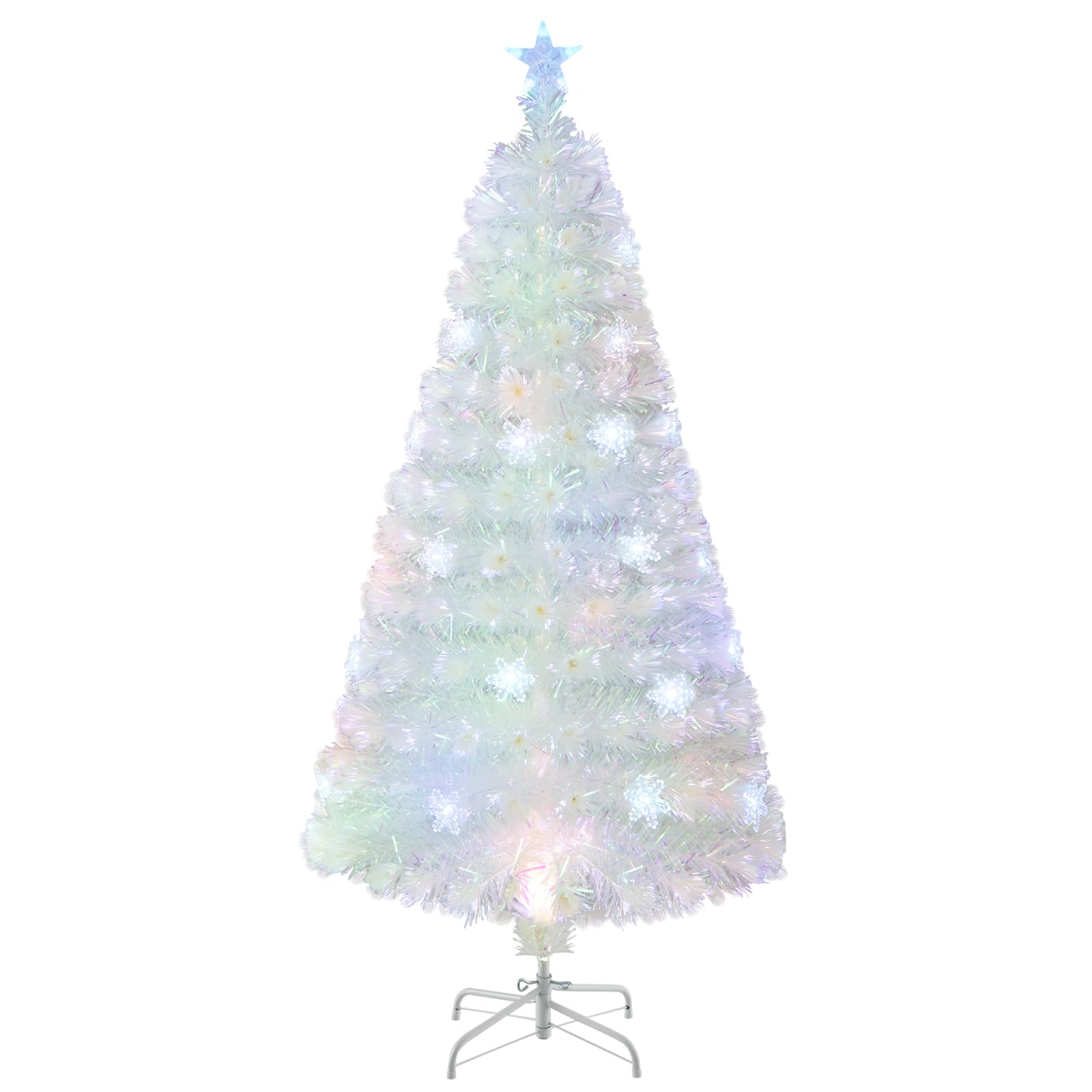 Photo 1 of ***only reference***Goplus 5ft Pre-lit Fiber Optic Christmas Tree, Artificial White Xmas Tree with 24 Colorful LED Lights, Snowflakes, Top Star, 170 Branch Tips, Foldable Metal Stand, Office Home Holiday Decoration