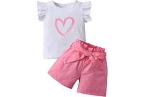 Toddler Girls Summer Clothes Infant Baby Kids Sleeveless Hearts Print T-Shirt Pink Shorts Waist Belt 3Pcs Outfits Set
