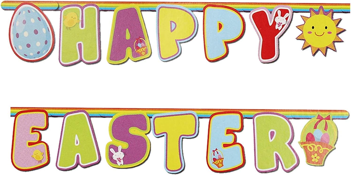HomestreetUK Happy Easter Cardboard Hanging Sign Pastel Colourful 180cm Banner with Eggs and Sun, Pastel Shade