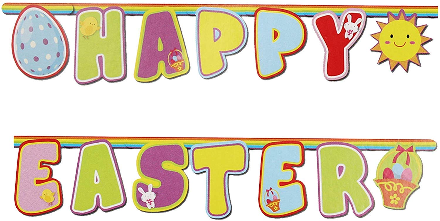 HomestreetUK Happy Easter Cardboard Hanging Sign Pastel Colourful 180cm Banner with Eggs and Sun