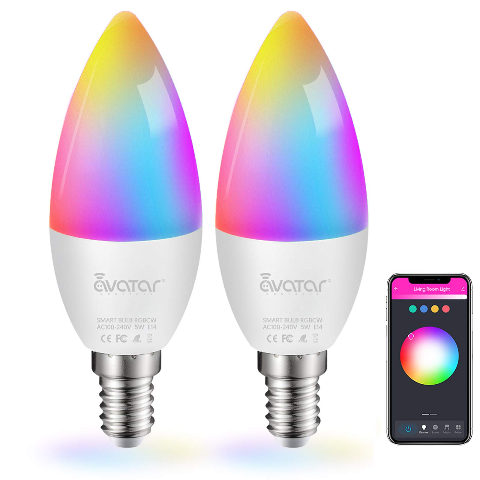 Avatar Controls Smart Bulb E14 Light WiFi LED Candle Bulbs C37, Music Sync 5W 2700K-6500K RGB+Warm/Cool White Colour Dimmable Compatible with Alexa/Google Home App