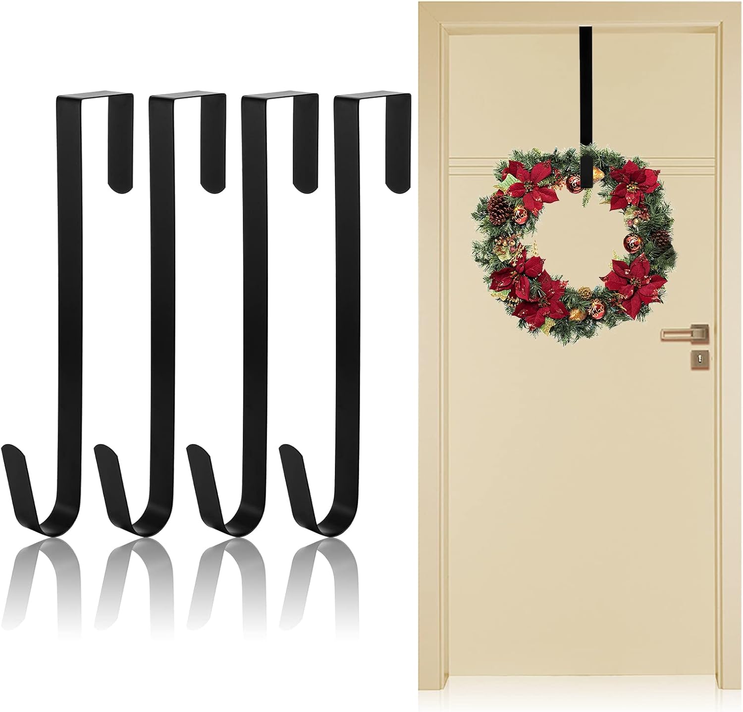 Wreath Hangers - Tebery 4 Pack Premium Wreath Hanger Door Hangers, 12-Inch Black Over The Door Hooks, Long Wreath Hangers for Hanging Christmas Decorations, Clothes, Towels, Signs and More