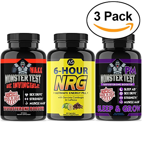Angry Supplements Monster Test MAXX Testosterone Booster + 6HR Energy + Monster PM 3-Bottle Bundle - Maximum Strength Power Pack for Men, Non-GMO Pills for Day & Sleep Aid for Night (3-Pack,210ct)