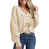 Saodimallsu Womens Bow Sweater Cropped V Neck Long Sleeve Fall Cozy Knit Loose Trendy Pullover Sweaters