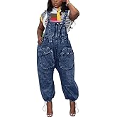 HTD Women's Bib Denim Overalls Loose Wide Leg Jean Jumpsuit With Cargo Pockets
