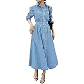 Foresi Denim Shirt Dress for Women Short Sleeve Casual V Neck Long Bottom Down Jeans Dresses with Pockets