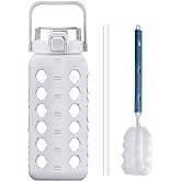 MUKOKO Half Gallon/64 oz Glass Water Bottles with Straw and Lid,Motivational Water Jug with Time Marker Reminder and Silicone Sleeve,100% Leakproof BPA Free Fitness Sports Large Bottle-White