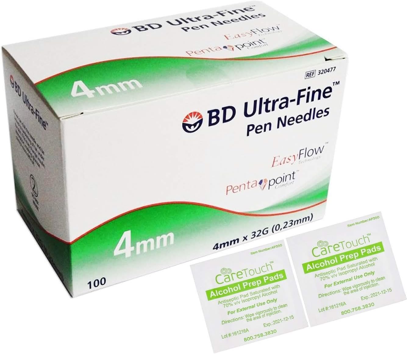 [BD] Ultra Fine Pro Pen Needles 4mm x 32g 100ct Bundle with Alcohol Wipes
