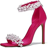 driceic Women's Pearl Stiletto Heels Sandals Sexy Open Square Toe sparkly Ankle Back Zipper bridal Satin Wedding Party Dressy heels Shoes