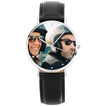 SOUFEEL Personalisierte Foto Armbanduhr für Damen Herren Analog Schwarz lederarmband Klassisch Zifferblat Wasserdicht