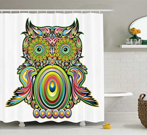 Owls Home Decor Shower Curtain Set by Ambesonne, Ornate Colorful Owl with Ethnic Elements Legend Eye Feather of Universe Psychedelic Artwork, Bathroom Accessories, 75 Inches Long, Multi