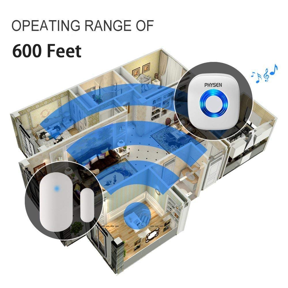 Physen Wireless Door/Window Sensor Chime kit with 3 Magnetic Door Sensors and 2 Receivers with Operating at 600-feet Range,4 Volume Levels with 52 Melodies Chimes for Home/Office/Stores