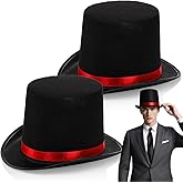 Pumtus 2 Pack Black Felt Top Hats, Funny Party Hat with Red Band, Tuxedo Vampire Formal Hats, Victorian Costume Hat, Butler Top Hat for Cosplay Halloween, Unisex