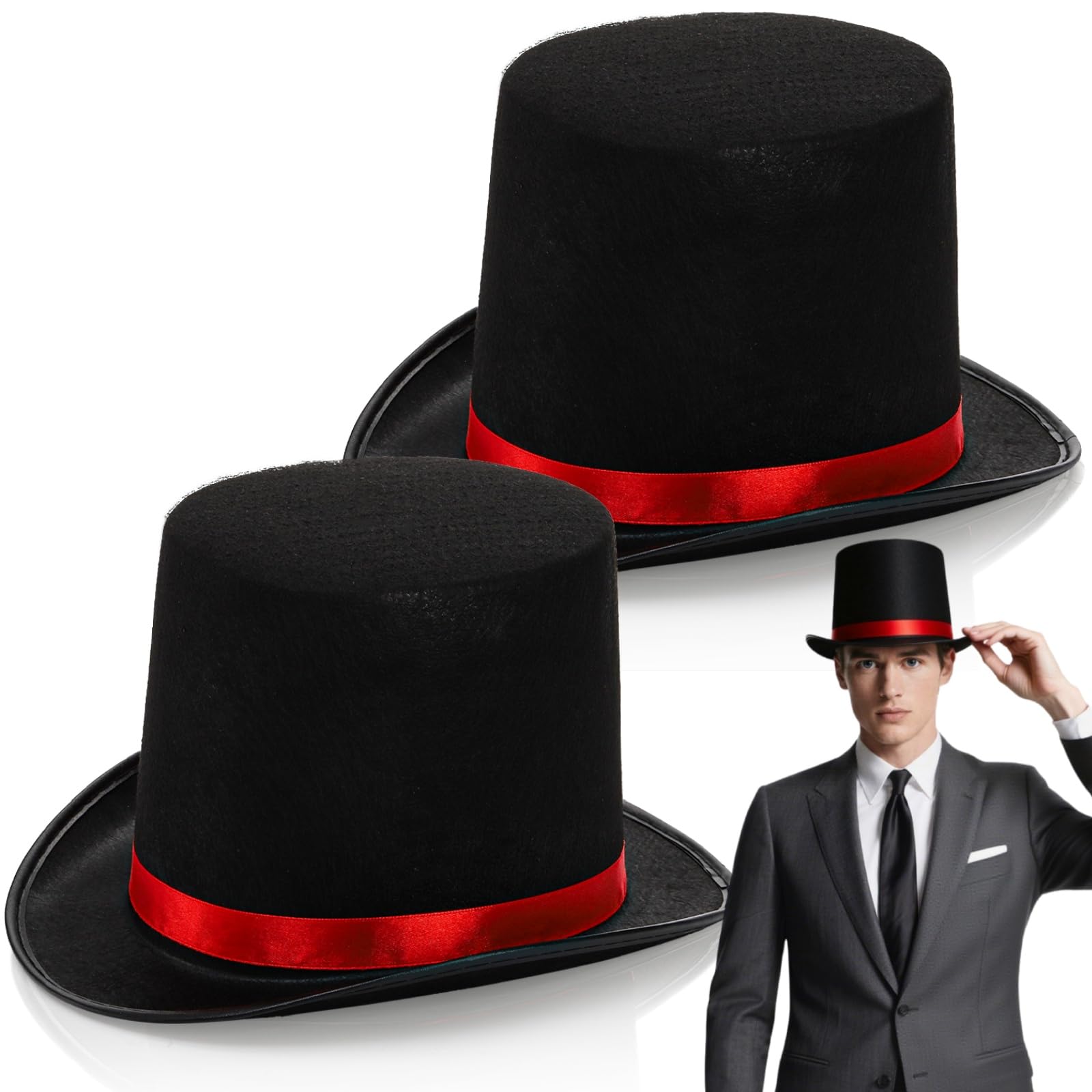 Photo 1 of Pumtus 2 Pack Black Felt Top Hats, Funny Party Hat with Red Band, Tuxedo Vampire Formal Hats, Victorian Costume Hat, Butler Top Hat for Cosplay Halloween, Unisex