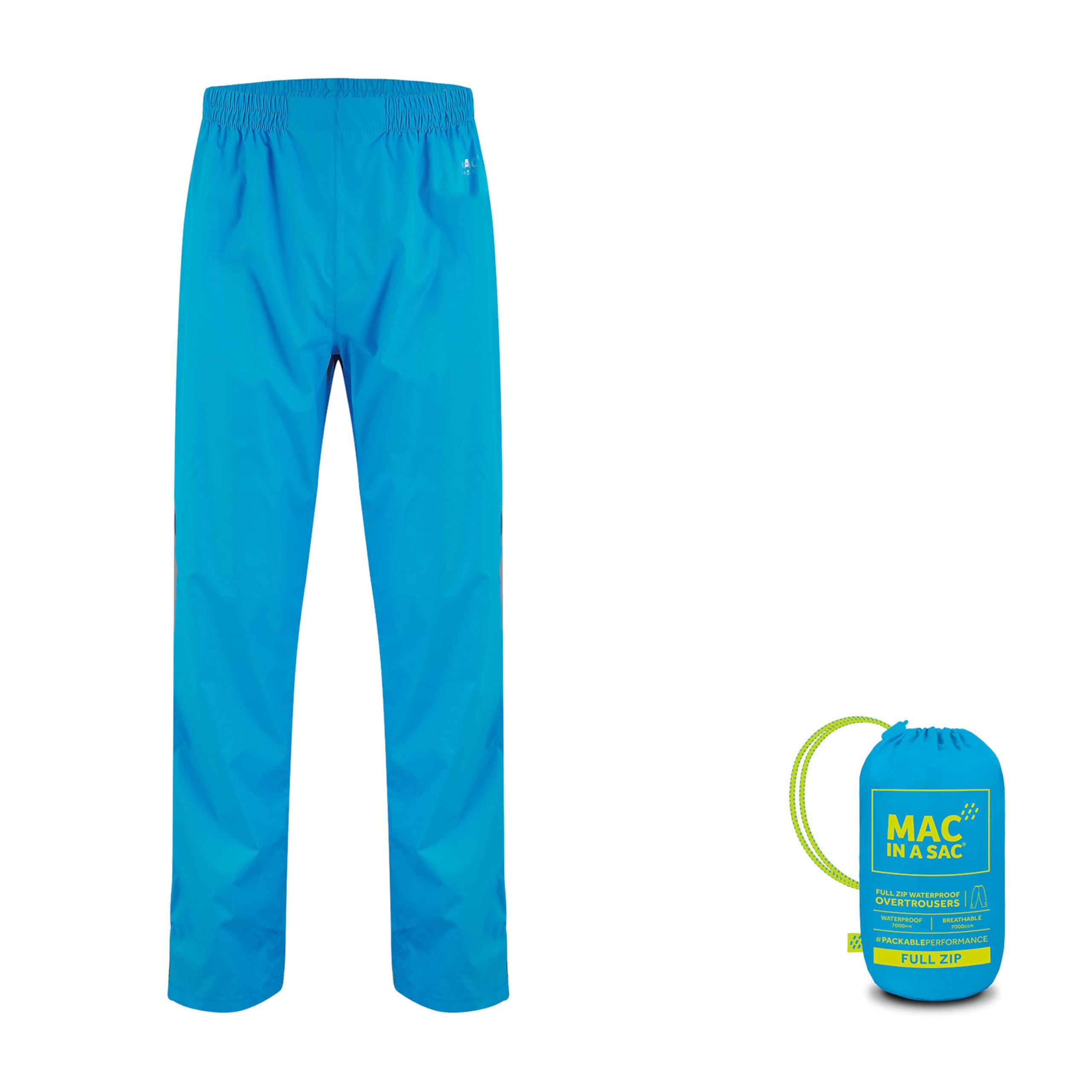 Mac in a Sac - Origin II - Packable Waterproof Full Zip Overtrousers for Men & Women - Lightweight and Breathable Rain Trousers That Packs into its own Bag - Neon Blue - XL