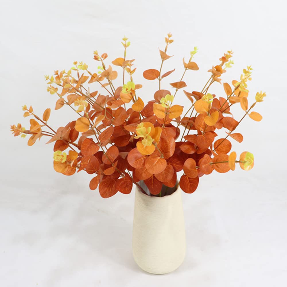 NatureMan 3Pcs Artificial Eucalyptus Leaves Branches Autumn Wedding Bouquet Centerpiece for Thanksgiving Halloween Decor Dining Table Centerpieces Decor (Orange)
