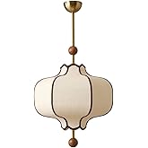 XMFMING Modern Fabric Pendant Light, Hang Pendant Lights with Fabric Shade, Wooden Grain Finish, Adjustable Length Hanging La