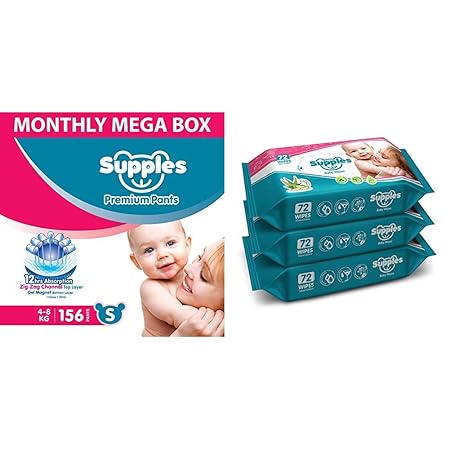 Supples Baby Diaper Pants, Monthly Mega-Box, Small, 156 Count & Supples Baby Wet Wipes with Aloe Vera and Vitamin E - 72 Wipes/Pack, (Pack of 3)