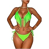 WDIRARA Women's Fringe Trim Halter Triangle Tie Side Bikini 2 Piece Thong Swimsuit