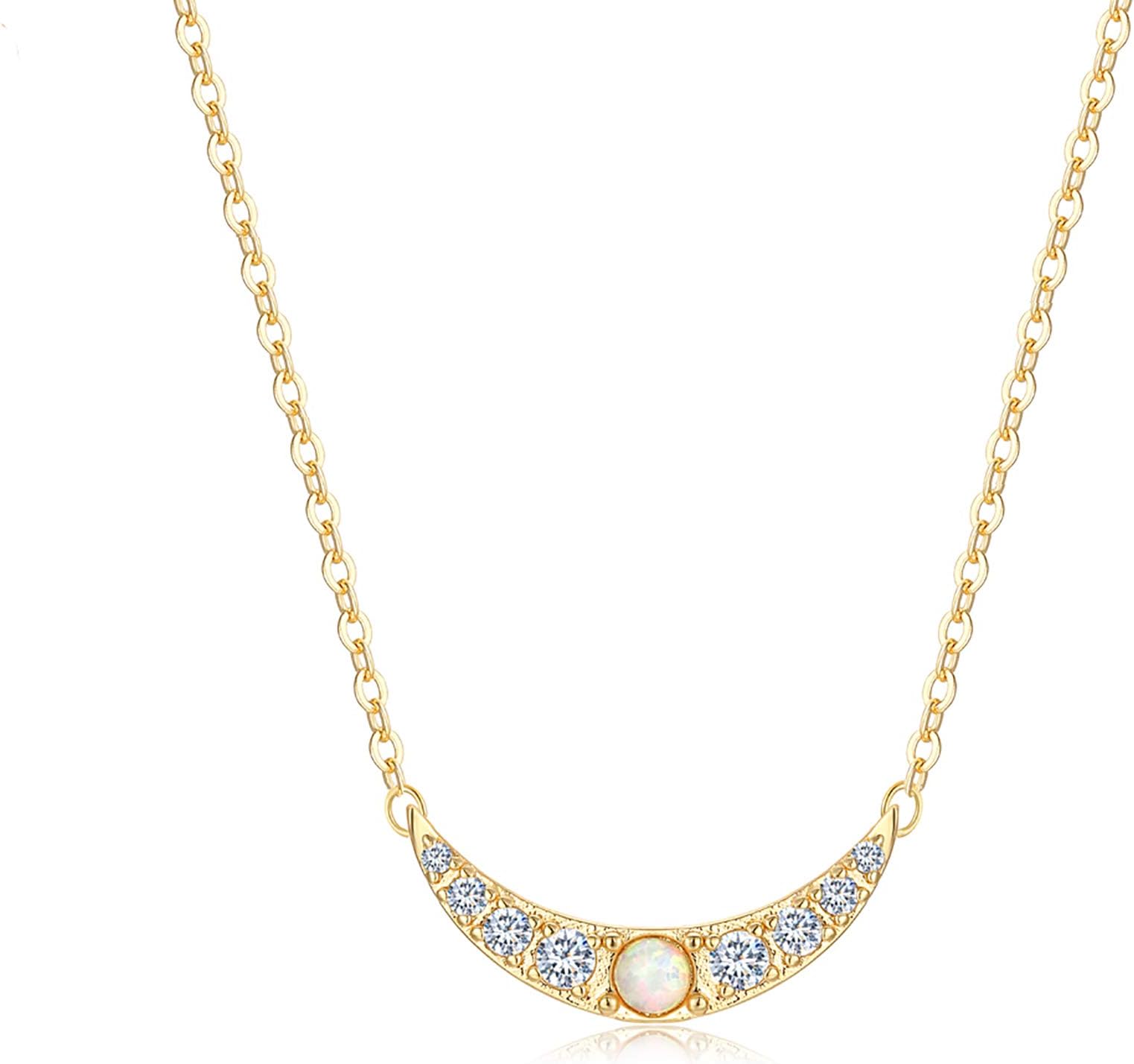 Fettero Opal Crescent Moon Necklace,Women Dainty CZ Moon Pendant Necklaces for Women (Opal Moon)
