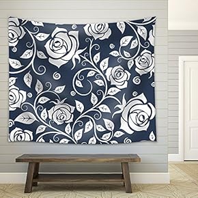 Vector - Floral Seamless Pattern with with Blooming Rose Flowers - Fabric Wall Tapestry Home Decor - 51x60 inches