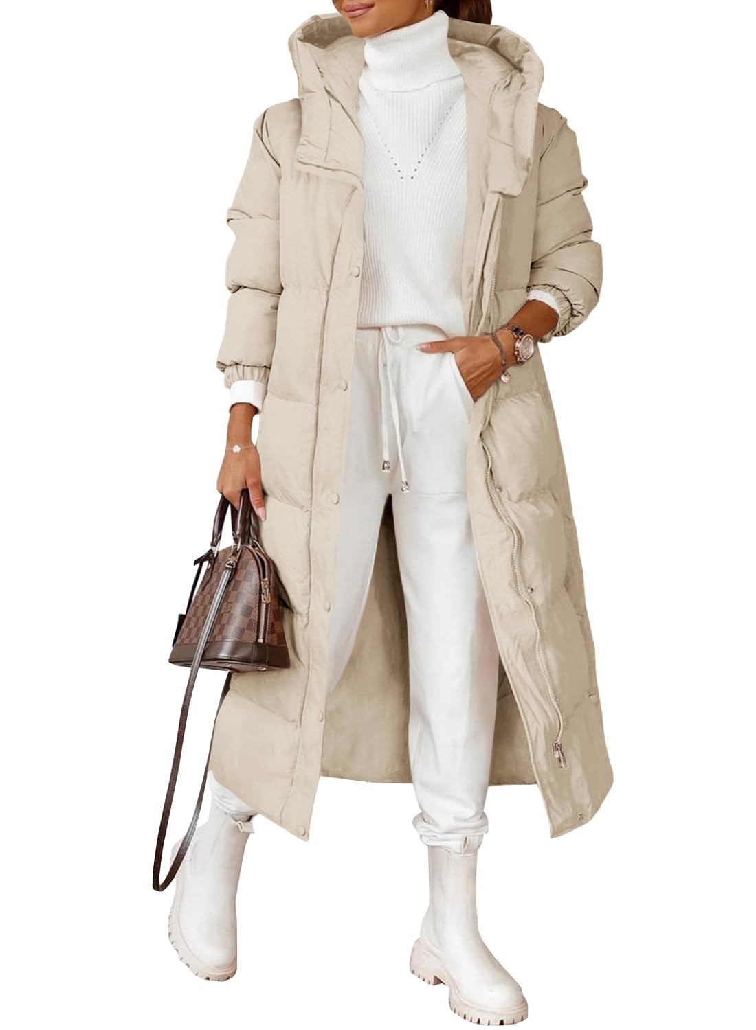Photo 1 of Grlasen Women Long Quilted Coat Winter Hooded Long Sleeve Button Down Puffer Padded Jacket
