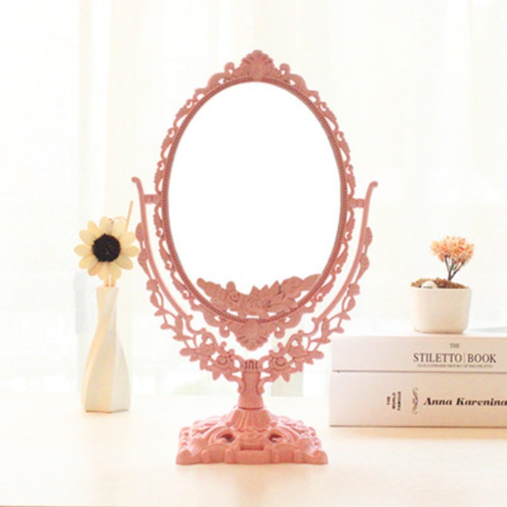 GF Wood Women Makeup Mirror Vintage Floral Oval Round Handhold Mirror Princess Elegant Makeup Beauty Tools,Pink,Oval