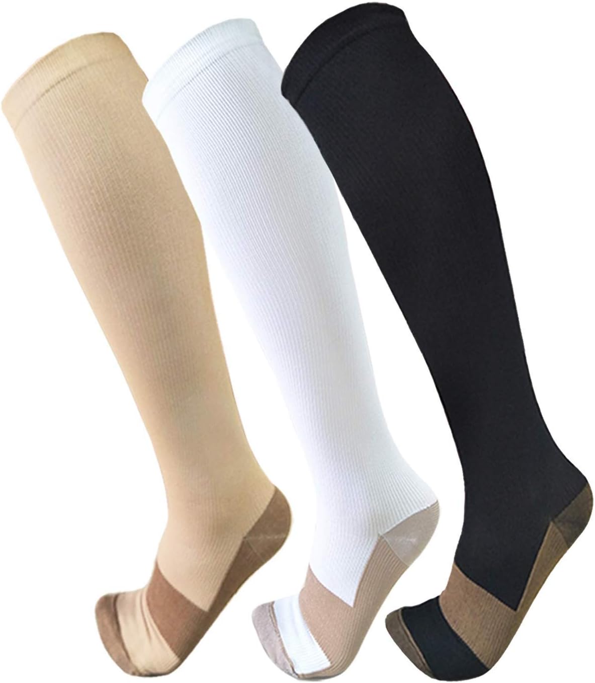 ACTINPUT Compression Socks Stockings for Men & Women - 3 Pairs - 20-30 mmHg is Best for Running,Medical,Sports,Flight Travel, Pregnancy (C - Black+White+Nude, L-XL)