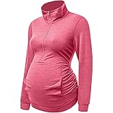 DEBELLY Maternity Shirt with Pocket Women's Lapel Top Casual Pregnancy Long Sleeve Zipper Hoodie