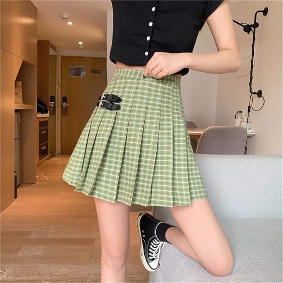falda plisada Cintura Alta a cuadros verde verano