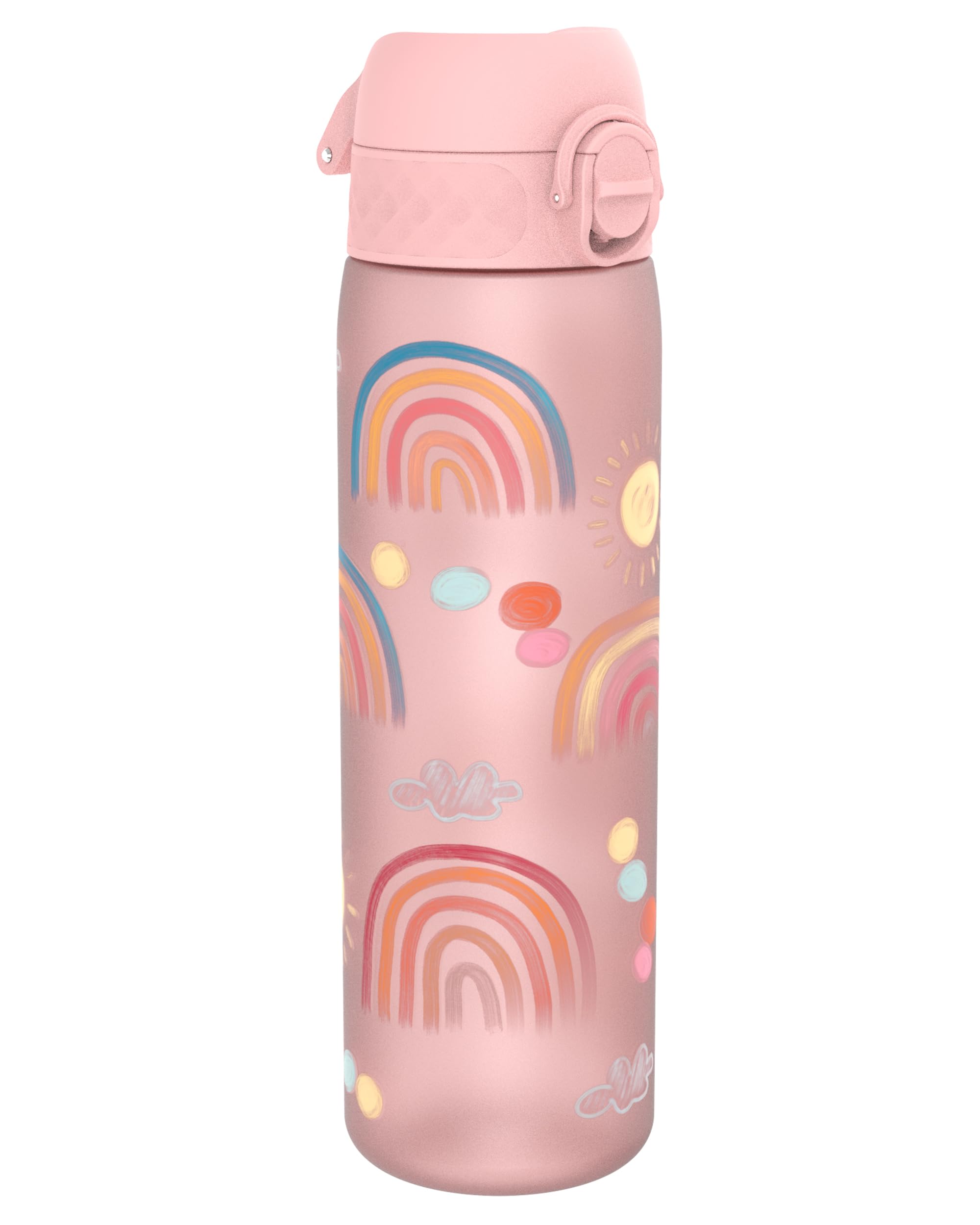 Ion8 Water Bottle, 500ml/18oz, Slim Leak Proof & BPA-Free Drinking Bottle, Secure Lock Prevents Spills, Dishwasher Safe, Carry Handle, Ideal for Adults & Kids - Travel, Gym & School, Pink, Rainbows