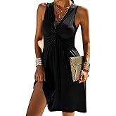 Veatzaer Women's V Neck Front Knotted Sleeveless Tank Dress Summer Solid Casual A Line Dress