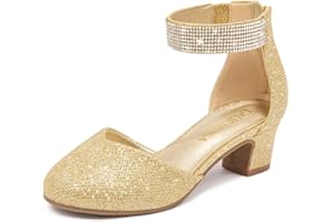 LAURMOSA Girls Dress Shoes with Rhinestone Ankle Strap Closed Toe High Heels for Little Big Kids Wedding Party