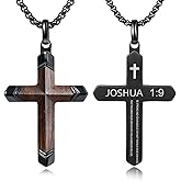 YURSIKAX Wooden Cross Bible Verse Necklace for Men, Handmade Real Ebony Wood Cross Pendant Stainless Steel Chain, Spiritual Jewelry Gift for Him, Everyday Wear, Including 24-25 Inch Box Chain
