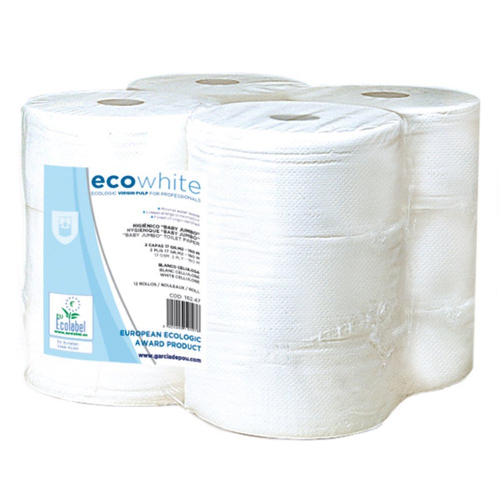 Garcia of Pou 162.09 Baby Jumbo Hygienic Ecolabel 2 Layers 160 m, 17 g/m2, Diameter 19.5 x 9.5 cm, Pack of 12, White