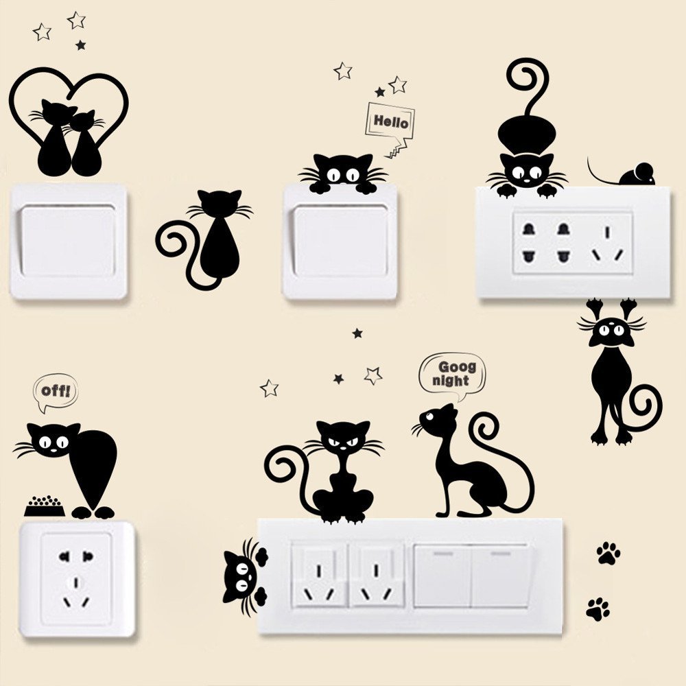 SOMESUN Lovely Cat Light Switch Adesivi murali Decorazioni per la casa Animali del Fumetto Decalcomania da Muro Art Wall Art Aereo portafoto Carta da Parati Adesiva (Nero-1, Free)