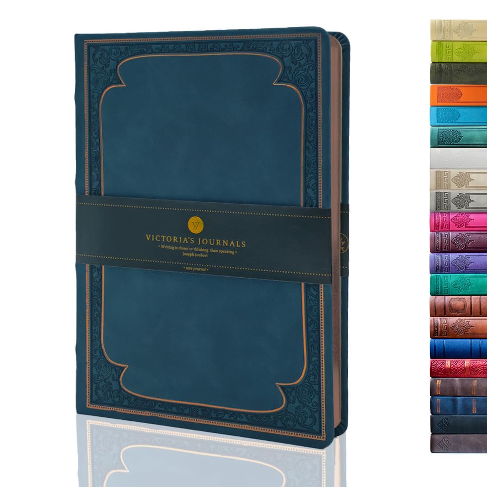 VICTORIA'S JOURNALS Leatherette Vintage Journal Hard Cover Lined Notebook Old Looking Travel Diary Dark Blue, 5.7'' x 8.1''