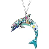 BONSNY Ocean Collection “BLUE” Statement Enamel Alloy Dolphin Necklace Pendant 18"