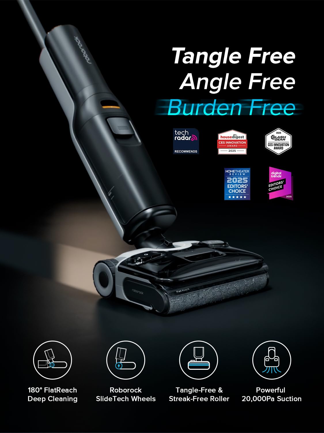 roborock F25 ACE Aspiradora en Seco Húmedo, Trapeador Aspirador Inalámbrico Todo en Uno para Pisos Duros, Limpiador de Pisos de Madera Dura 20000Pa con Cero Enredos, Trapeador Eléctrico de Secado por Aire Caliente de 194°F, 180° Acostado, WiFi