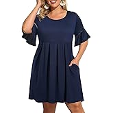 Pinup Fashion Women‘s Plus Size Bell Sleeve Round Neck Casual Summer Knit Babydoll Swing Dress Pockets